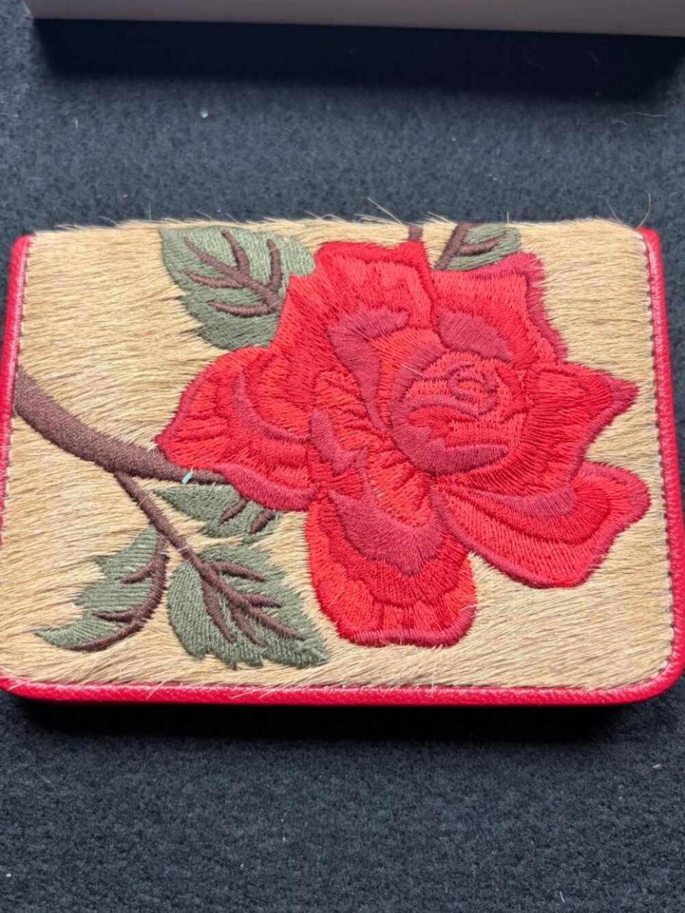 Red Rose Embroidered Hair-On-Hide Genuine Leather Card Organizer Wallet